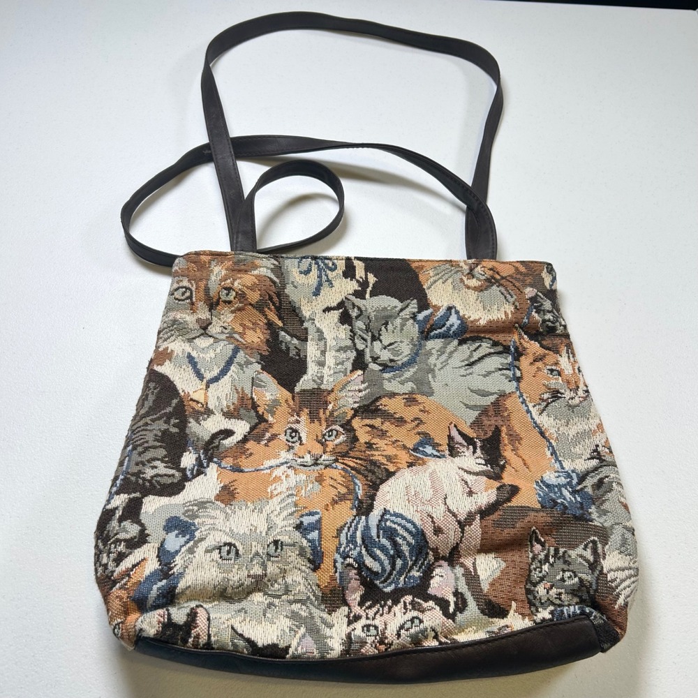 Vintage Style Cat Tapestry Shoulder Bag Brown Woven Feline Tote